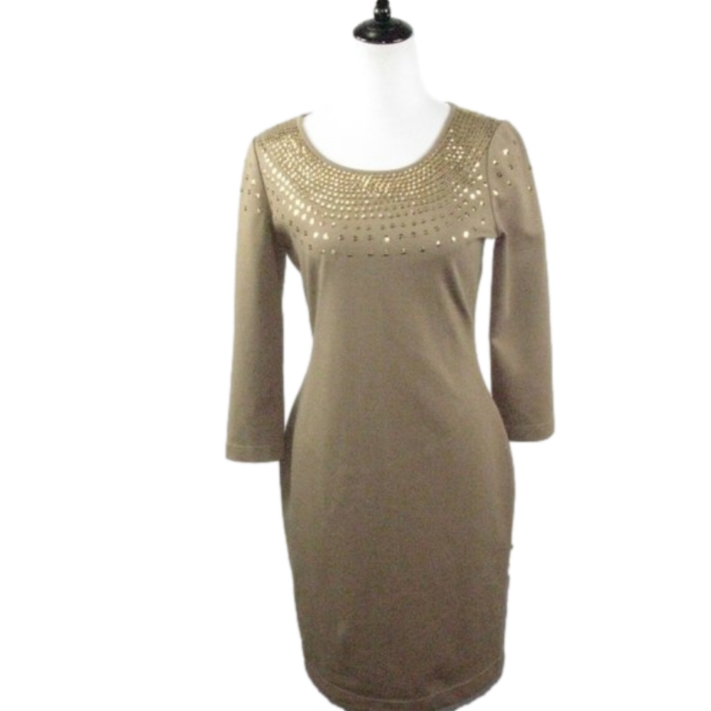 Calvin Klein Tan/Gold Embellishment Knit 3/4 Sleeve Dress Size 6